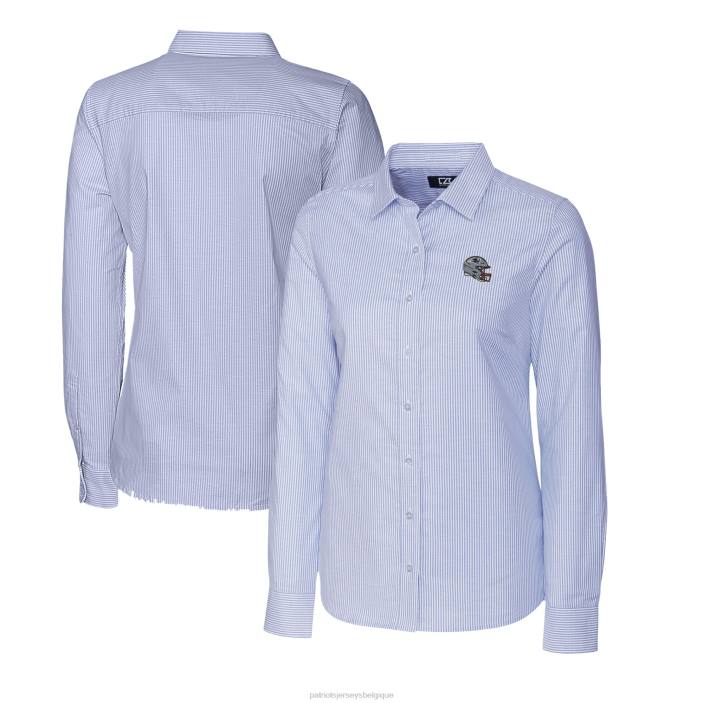 Patriots Jersey femmes cutter & buck chemise bleu clair boutonnée à manches longues et rayures oxford avec logo casque vêtements 864Z2810