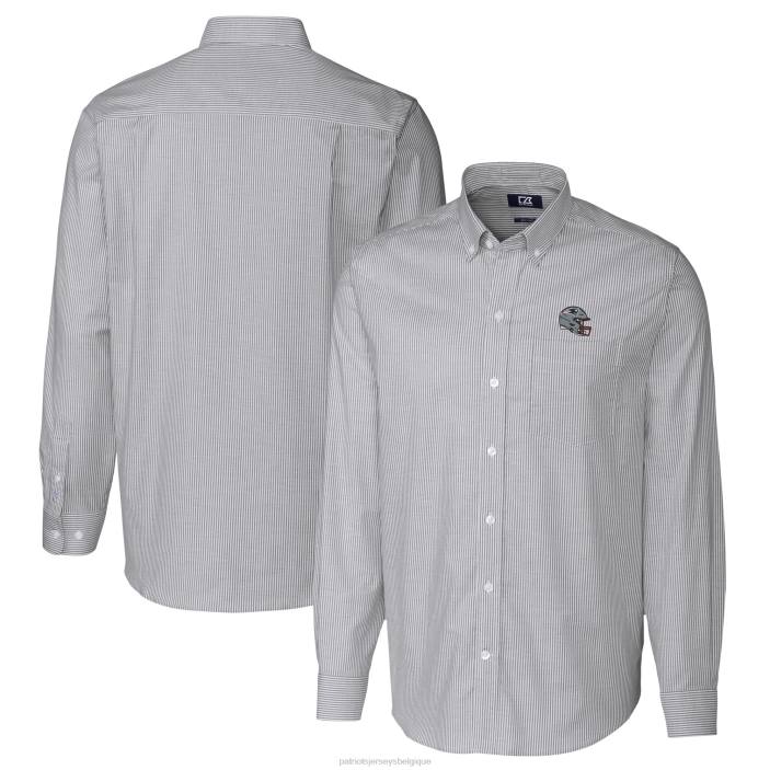 Patriots Jersey Hommes cutter & buck anthracite casque chemise boutonnée à manches longues à rayures oxford stretch vêtements 864Z1636