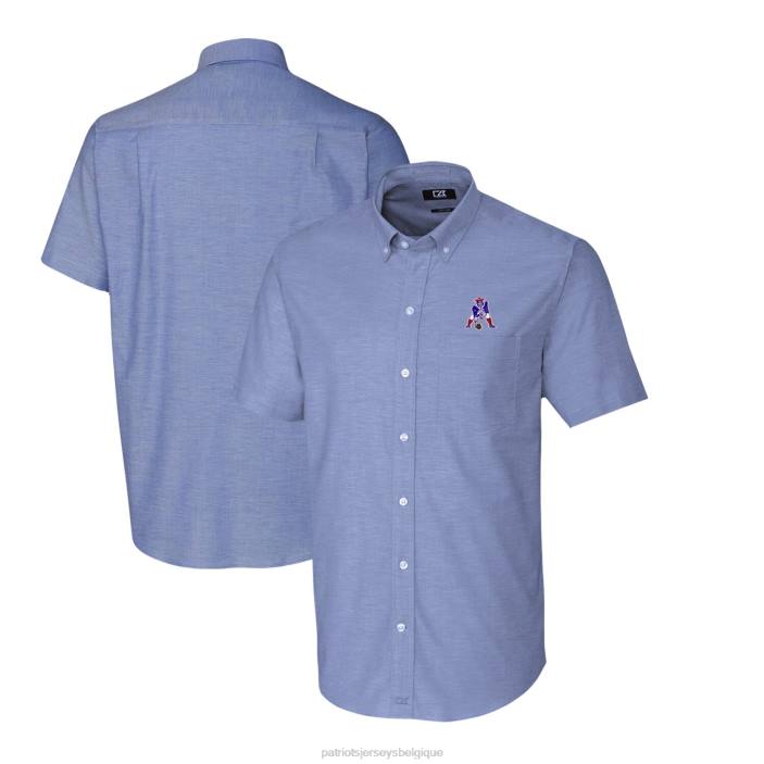 Patriots Jersey Hommes cutter & buck chemise boutonnée à manches courtes oxford stretch bleu poudré avec logo rétro vêtements 864Z1644